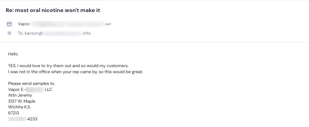 Retailer reply from Sesh Products
